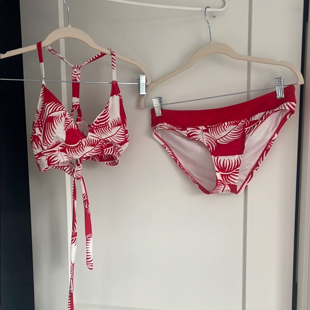 Red and White Leaf Print Bikini Set